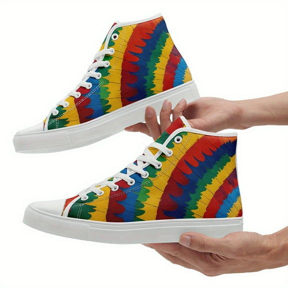 Coolcustomize Men's Vibrant Rainbow Feather High-Top Sneakers, Lightweight, Lace-Up Design for Casual Streetwear, Outdoor Activities, Outdoor Footwear, Stylish Laceup Shoes, Comfortable Fabric Insole