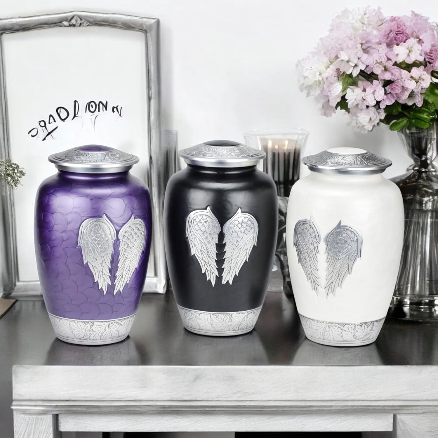 CRAFT INDIA Large Black Angel Wings Cremation Urn for Adult Human Ashes with Velvet Bag