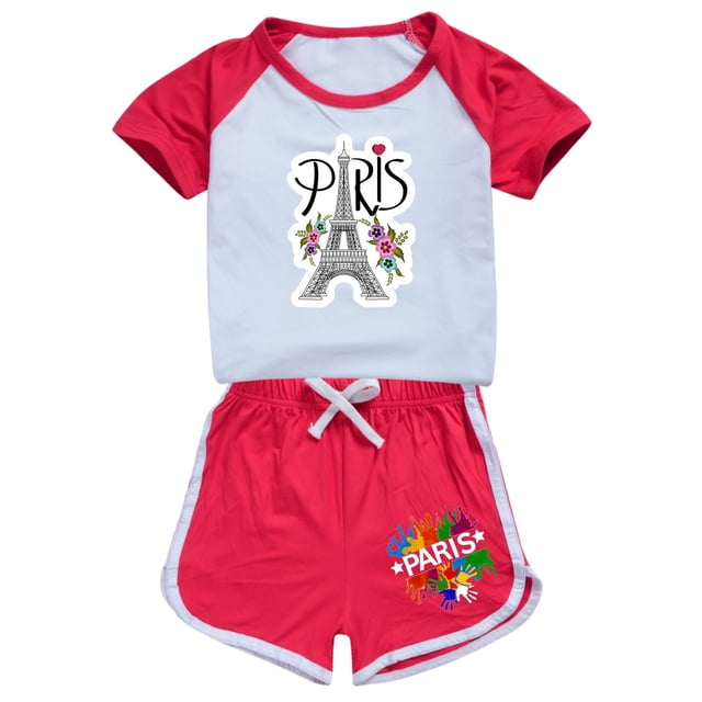 Girls Spring Outfits French Tower Tourism Commemorative Print Color Block Sleeves T Shirt Shorts Set Newborn Girl Clothes Red 2 Years-3 Years