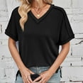 thumbnail image 2 of Uaswgudfs Women's Casual Ribbed Trim V-Neck Blouse T-Shirt - Loose Fit Short Sleeve Solid Color Top, 2 of 7