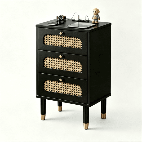 Alvantor 3-Drawer Nightstand with Built-in Charging Station, Black Rattan Accent Fronts, USB Ports and Power Outlet
