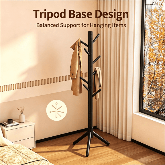 Freestanding Solid Wood Coat Rack, Wooden Coat Tree with Multiple Hooks, Sturdy Portable Clothes Hanger Stand for Entryway Hallway Bedroom Living Room