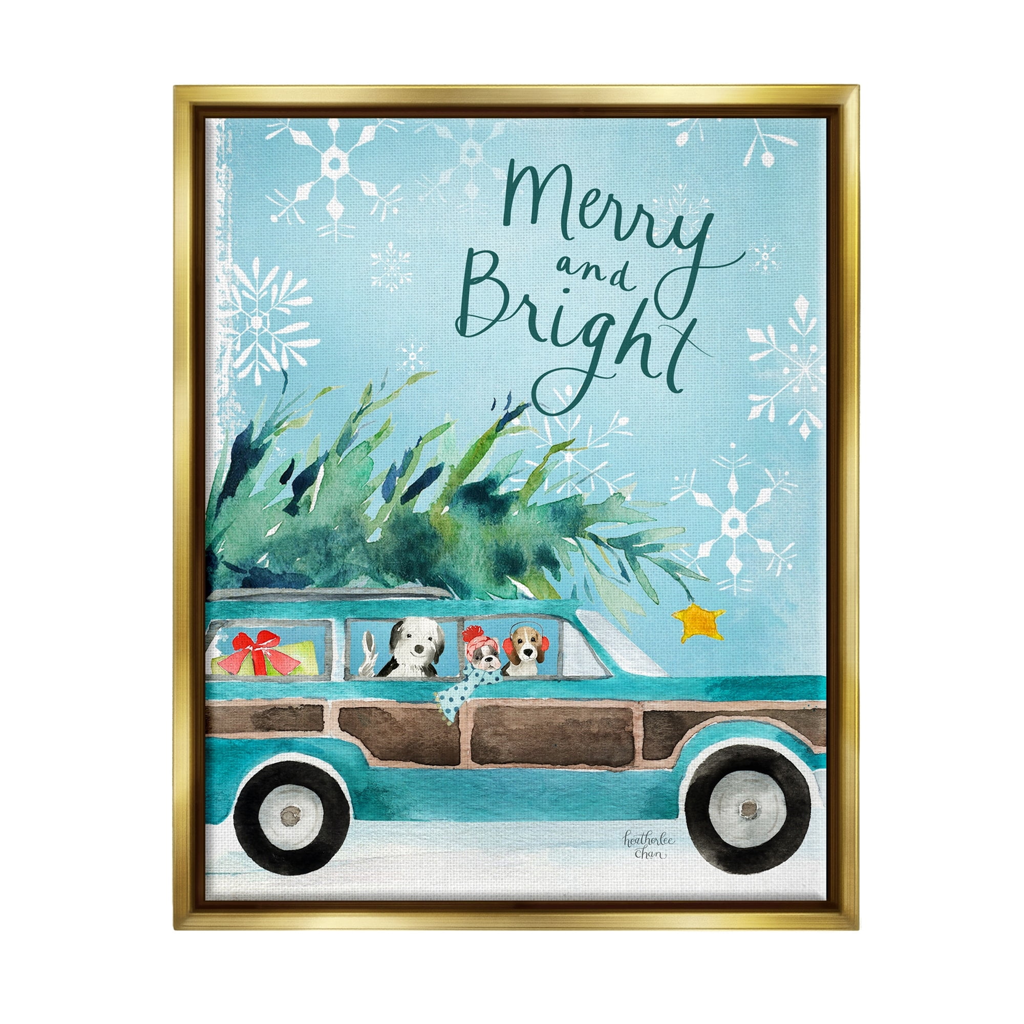 Stupell Industries Merry & Bright Christmas Scene Holiday Puppies Graphic Art Metallic Gold Floating Framed Canvas Print Wall Art, Design by Heatherlee Chan