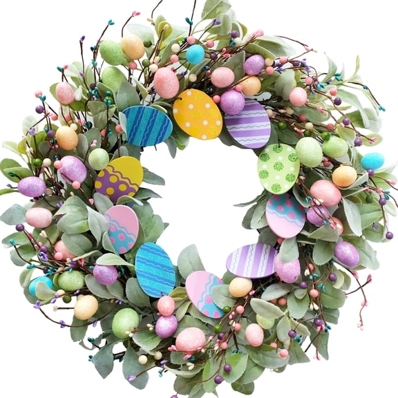 20 Inch Spring Easter Eggs Wreath with Lamb Ears Leaves for Front Door, Glitter Eggs Green Leaves Door Wreath with Berries for Indoor and Outdoor, Easter Egg Wreath for Home Decor