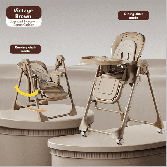 3 in 1 Baby Swing Convertible BabyHigh Chair,Portable Baby Feeding Chairs,Baby Folding Dining Chairs for Babies and Toddlers,Adjustable Height,Unisex,KHAKI
