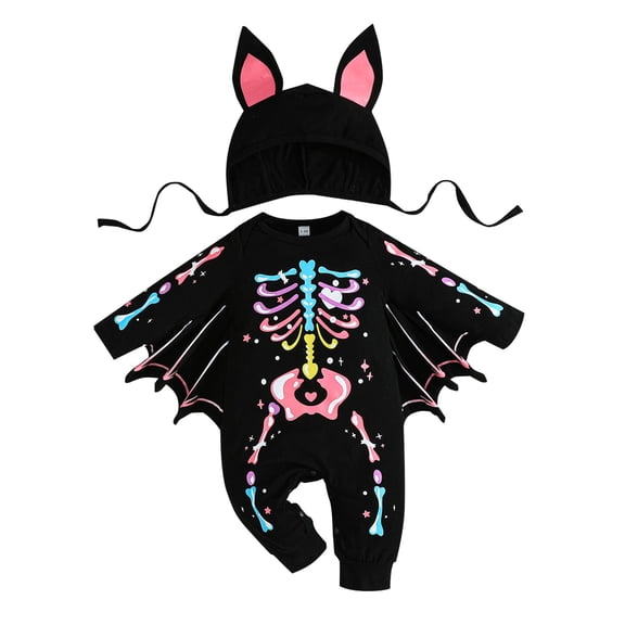 GiLiling Baby Skeleton Bat Costume Set with Hat for Boys Girls, Glow Infant Romper with Wings, Halloween Newborn Outfit for Cosplay Photos