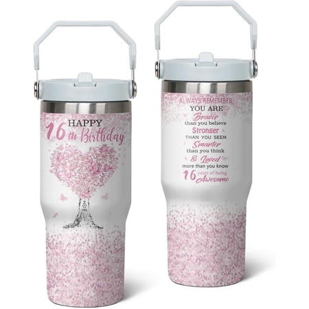 16th Birthday Gifts Cup 30 Oz Stainless Steel Tumbler with Handle & Straw 16 Year Old Birthday Gifts for Girls Coffee Mug 16th Birthday Decorations for Girls Happy 16th Birthday Gifts for Girls