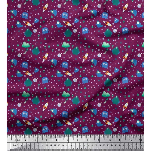 Soimoi Georgette Viscose Fabric Star,Planet & Alien Cartoon Printed Fabric 1 Yard 42 Inch Wide