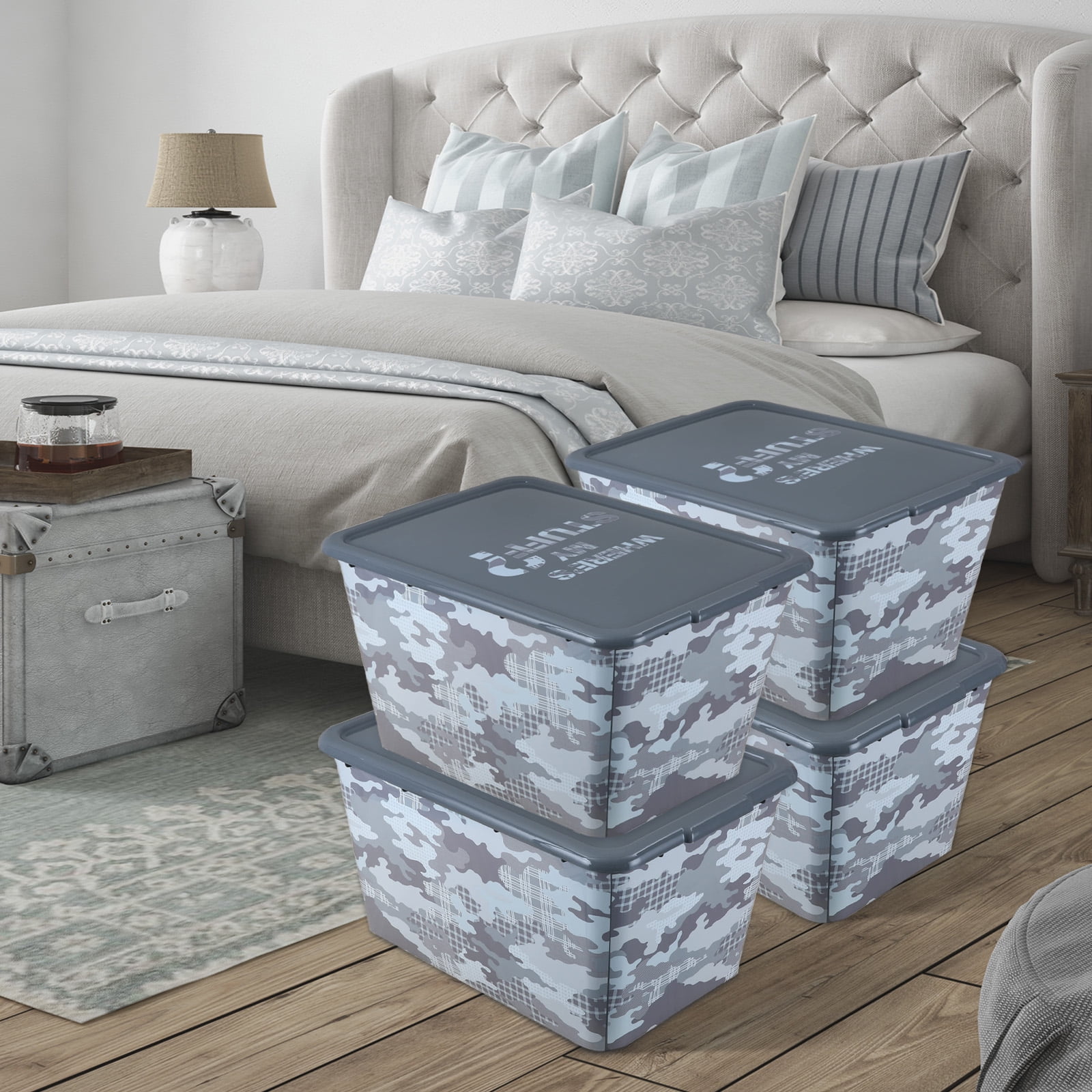 14.5 Gal 4-Pack IML Storage Tote, Stackable Bin with Lid, Organizing Storage, A 14.5-Gallon (58-Quart) -CAMO