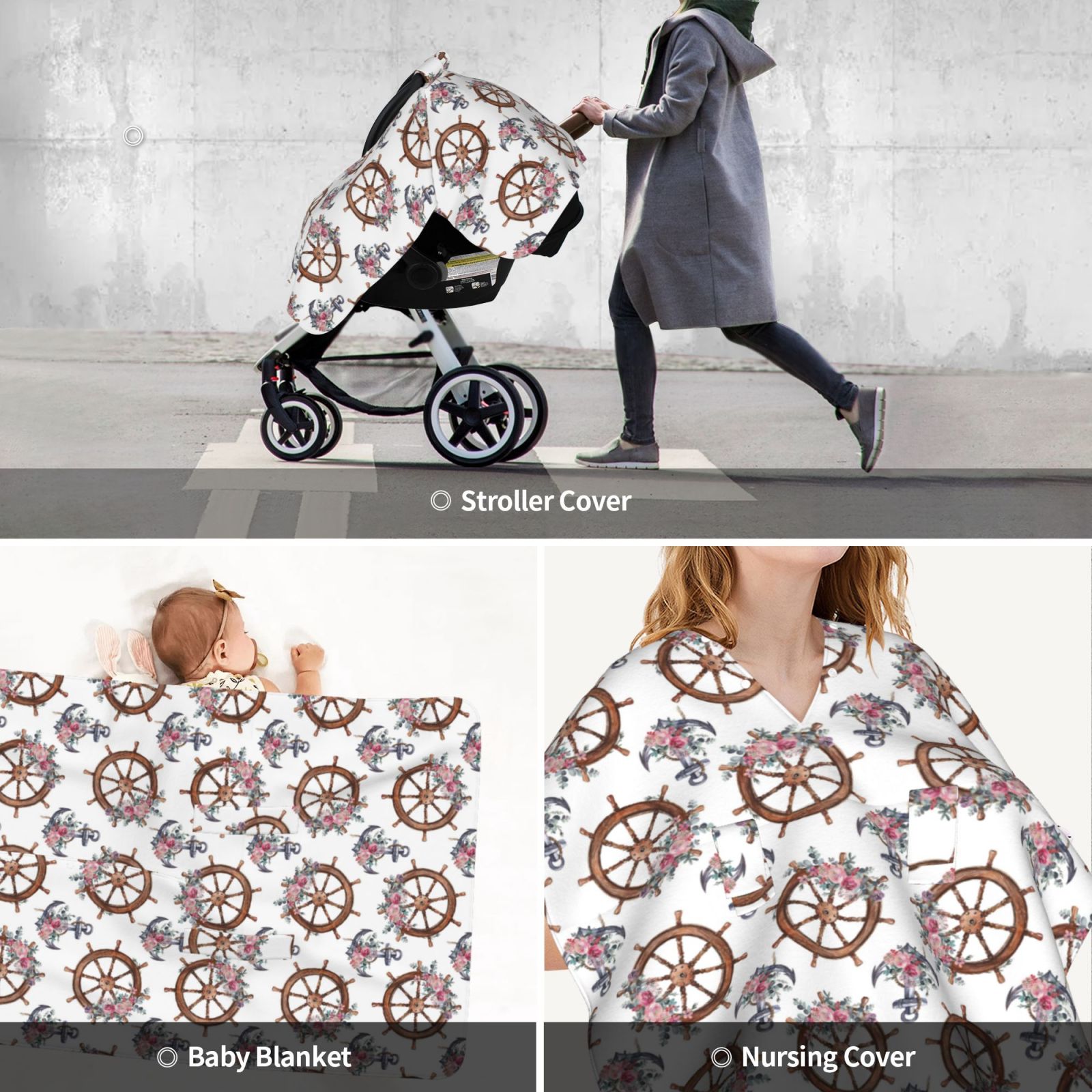 Car Seat Cover Baby - vintage floral steering wheel anchor Breathable Infant Car Seat Cover for Baby Carseat, Lightweight Comfort Baby Essentials Must Haves Newborn Stuff for Girl Boy