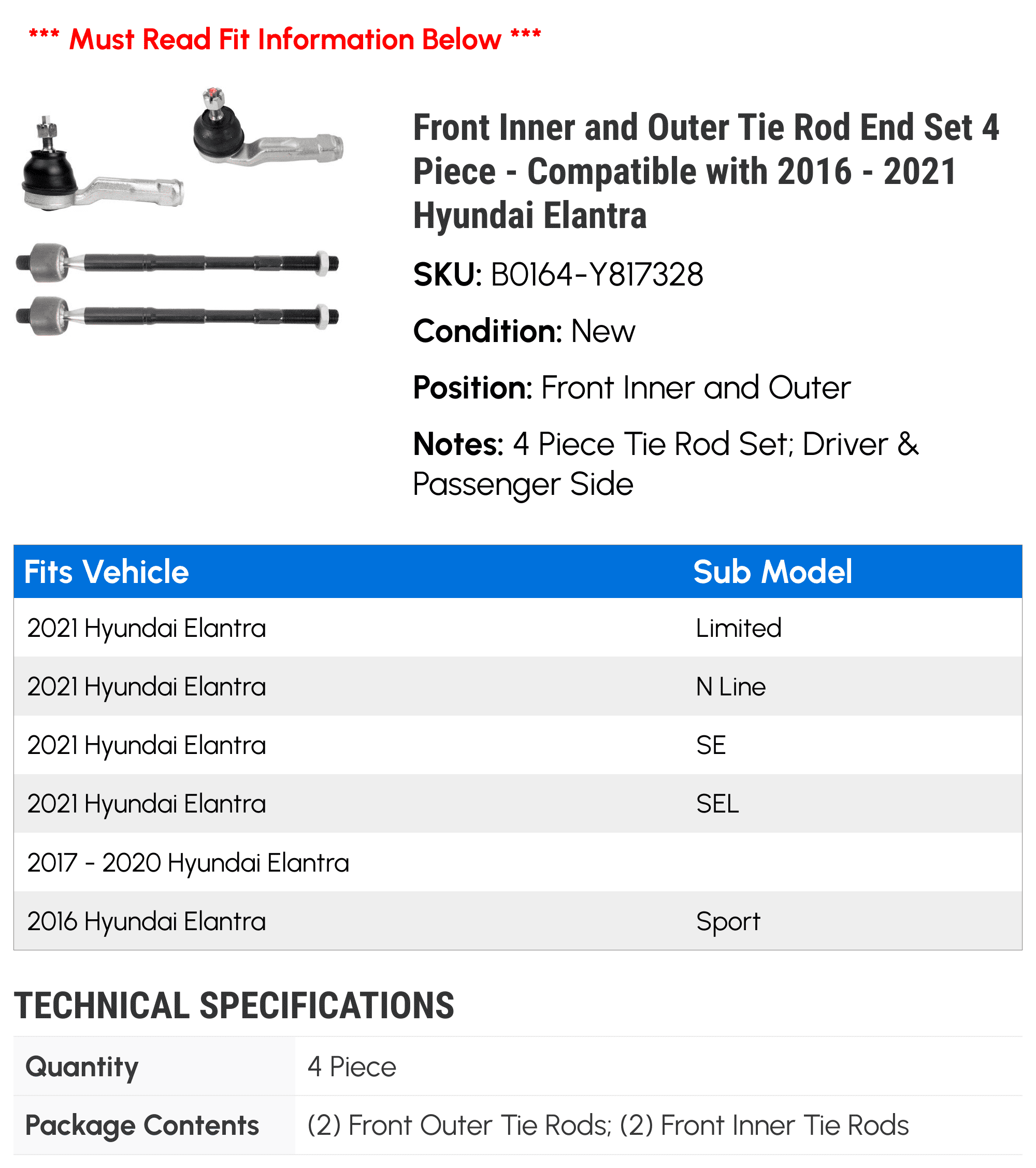Front Inner and Outer Tie Rod End Set 4 Piece - Compatible with 2016 - 2021 Hyundai Elantra 2017 2018 2019 2020