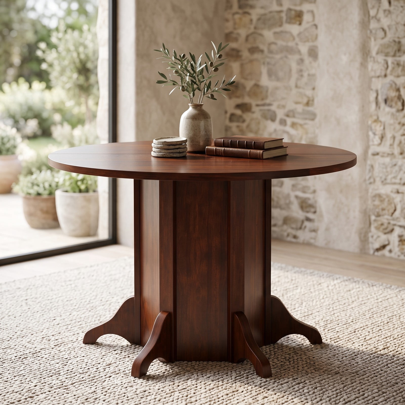 Furnibear Round Dining Table for 4-6 People, 42 Inch Kitchen Dinner Table with Pedestal Base, Waterproof MDF Tabletop with Acacia Wood Veneer for Kitchen, Walnut