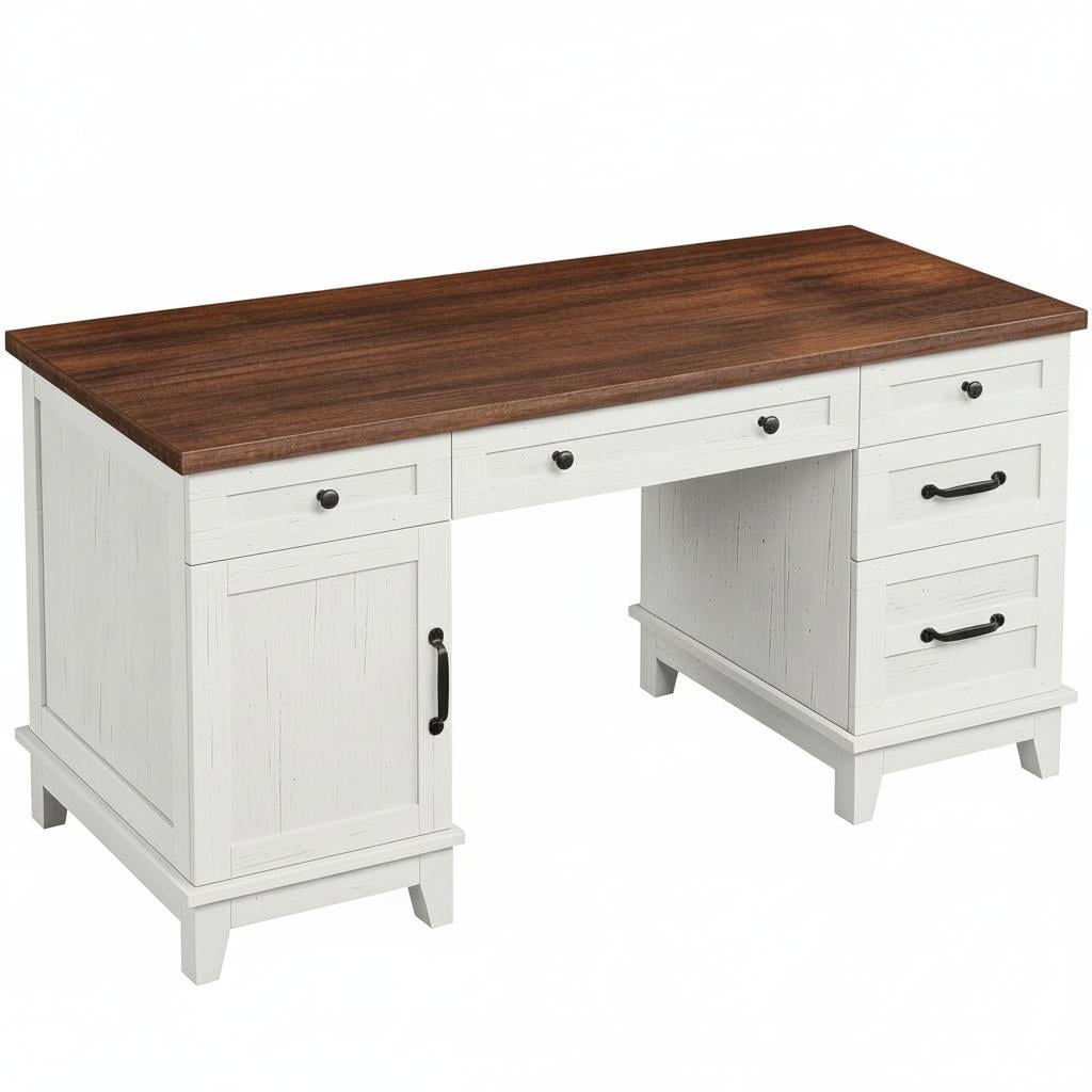 Farmhouse Executive Office Desk - 60" Wooden Writing Table with Drawers, Adjustable File Cabinet, Power Outlets & USB Ports - Large Workspace Desk, Supports 400 lbs