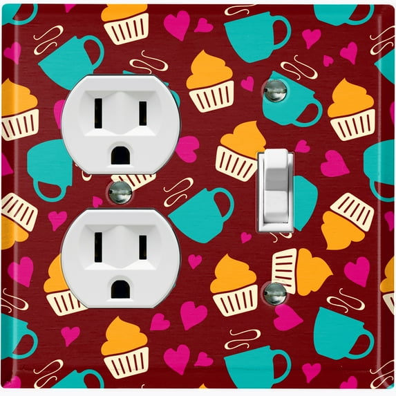 Metal Light Switch Wall Plate Outlet Cover (Coffee Espresso Mocha Cup Heart Cupcake Pattern Maroon - Single Duplex Single Toggle)