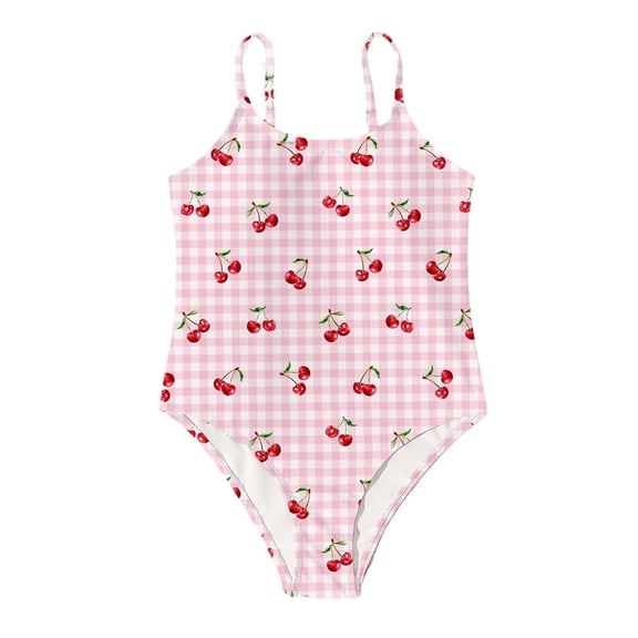 YunPes Girls Swimsuit One Piece Cute Cherry Bow Print Beach Vacation Bathing Suit for Teens Y2K Quick Dry Summer Swimwear Clothes