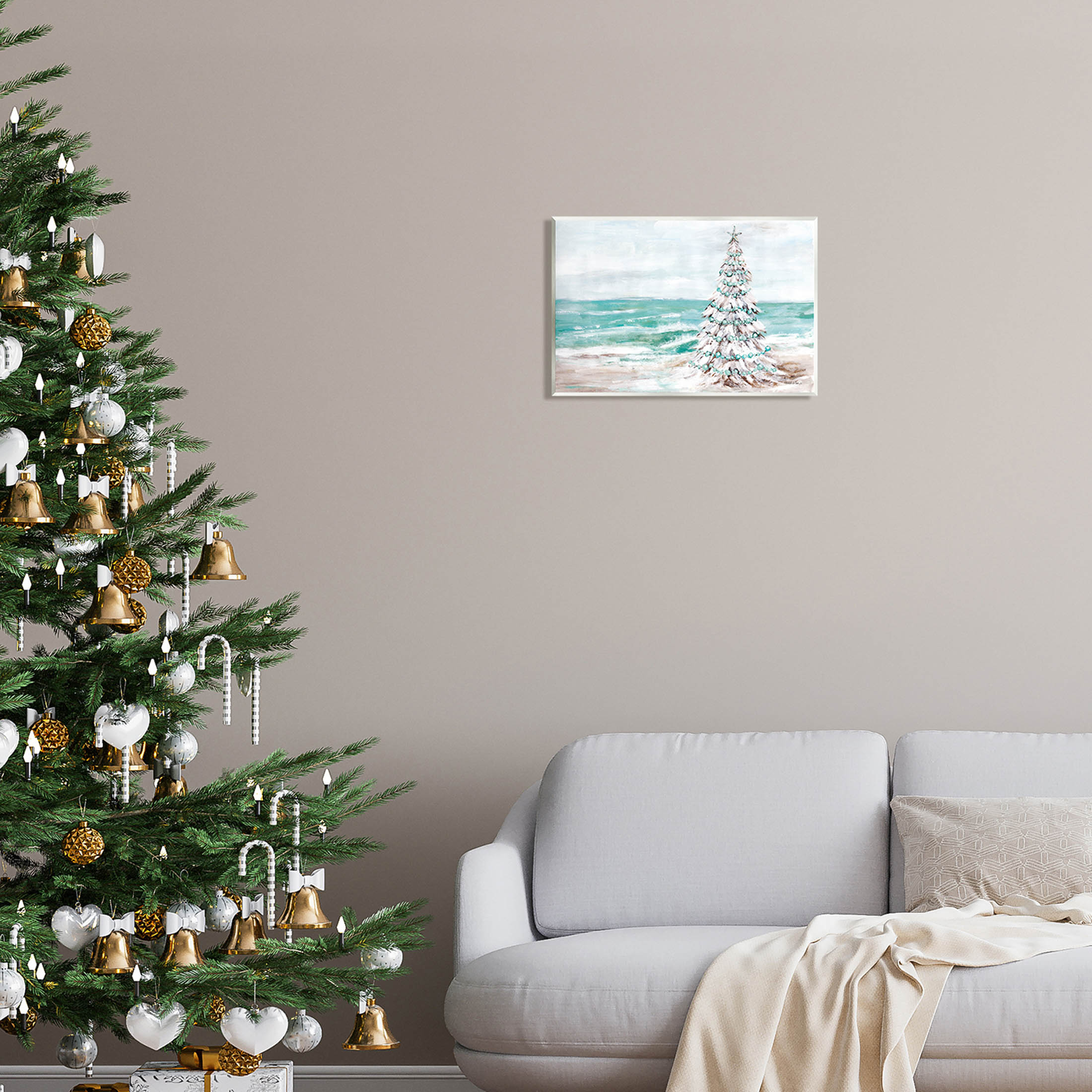 Snowy Christmas Tree Beach Shore Holiday Painting Unframed Art Print Wall Art