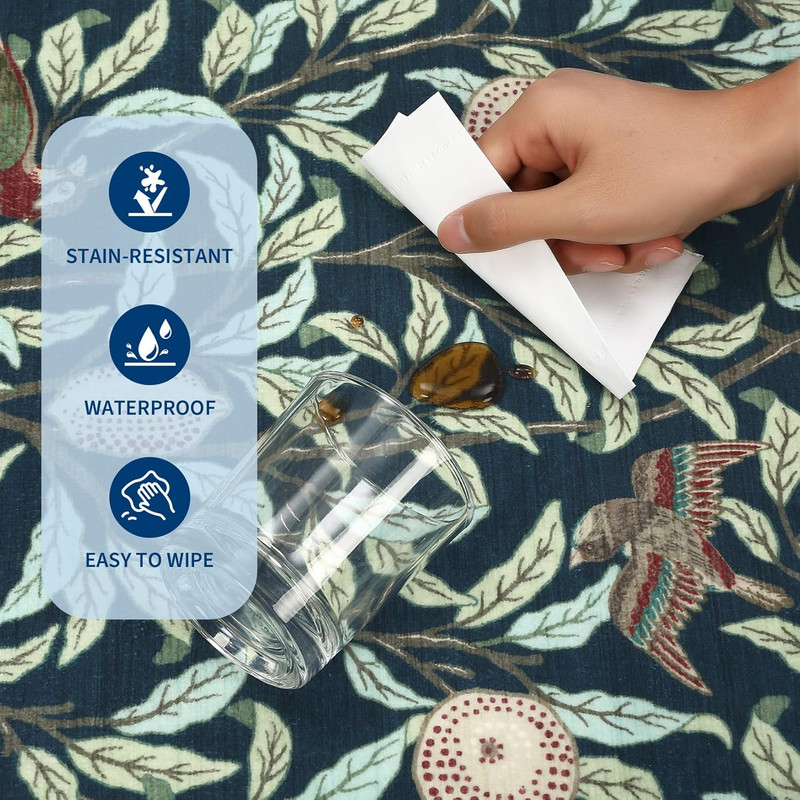 Washable Runner Rug 2x6 Non Slip Kitchen Hallway Runner Leaf Botanical Print Low Pile Throw Carpet Modern Home Decor Mat for Laundry Bathroom Indoor Use, Dark Blue
