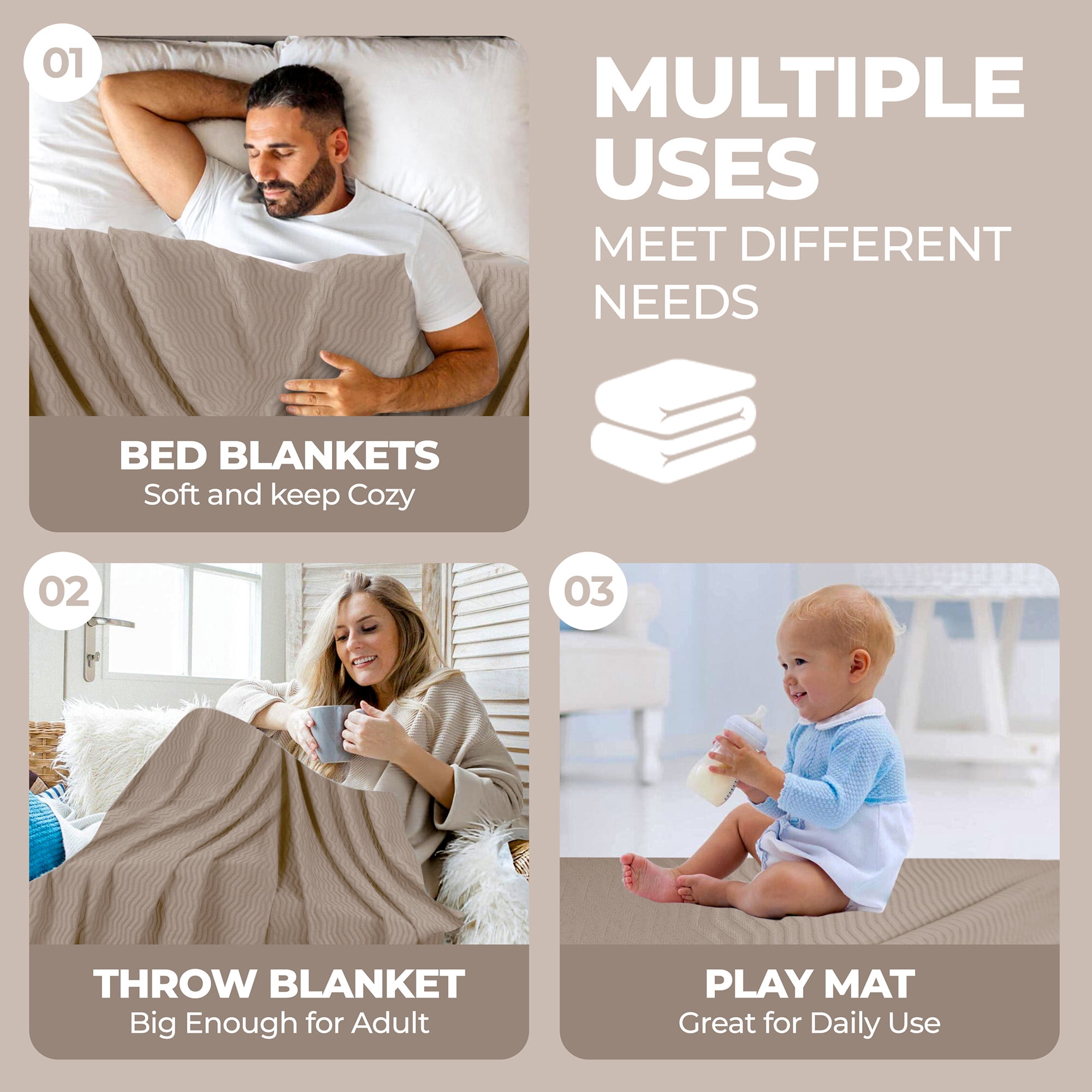 Superior Jena Cotton Textured Chevron Woven Blanket, Twin, Khaki
