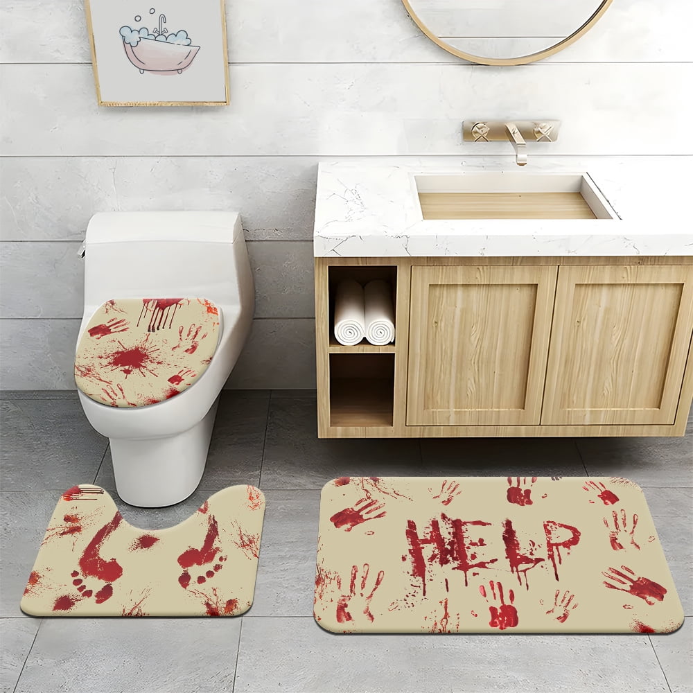 4pcs Halloween Shower Curtain Set Help Me Bloody Hands Horror Bathroom Curtain & Bathtub Decor Waterproof Fabric with 12 Hooks