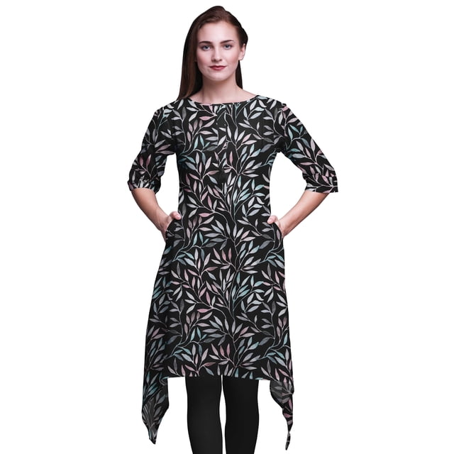 Bimba Hauts Kurti Asymétriques à Imprimé Floral Pétales Noirs pour Femmes Robe d'Été Indienne Tunique XSmall
