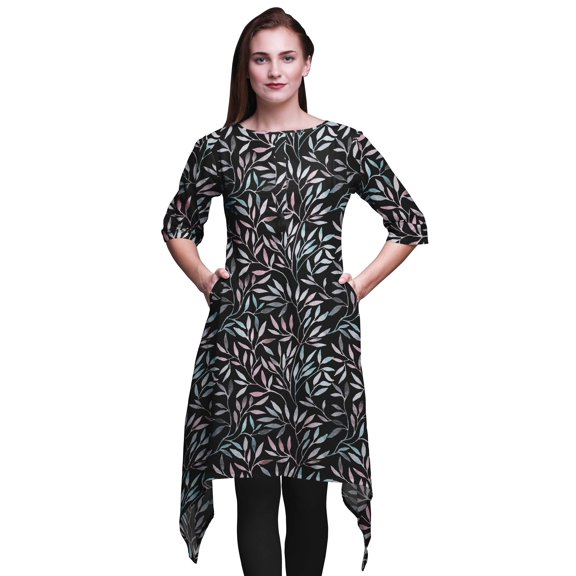 Bimba Black Petals Floral Women Kurtas Ethnic Printed Asymmetric Summer Wear Tops For Women X-Large