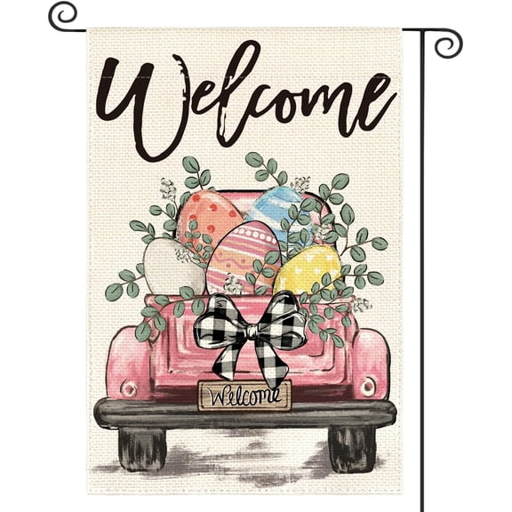 Welcome Easter Eggs Truck Garden Flag 12x18 Inch Double Sided, Holiday Small Garden Flags For Outdoor Yard Lawn