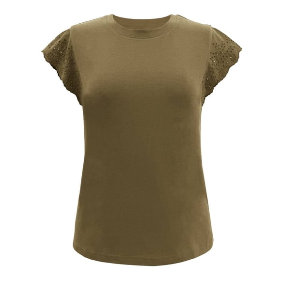 Blusa George para Mujer Cuello Redondo, Manga Corta con Eylet Camello Talla CH