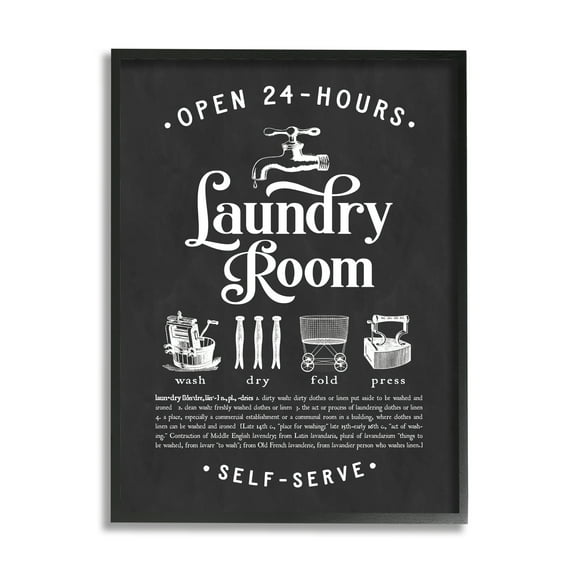 Stupell Industries 24 Hour Laundry Sign Vintage Icon Illustrations Black White Country Painting Black Framed Art Print Wall Art, 16 x 20, Design by Lettered and Lined