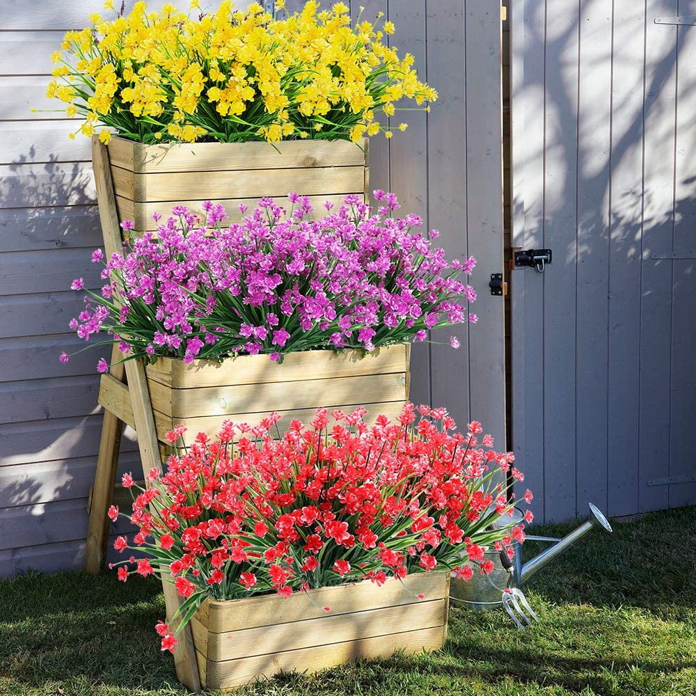 8 Bundles Outdoor Artificial Fake Flowers UV Resistant Shrubs Plants, Faux Plastic Greenery for Indoor Outside Hanging Plants Garden Porch Window Box Home Wedding Farmhouse Decor (Orange Red)