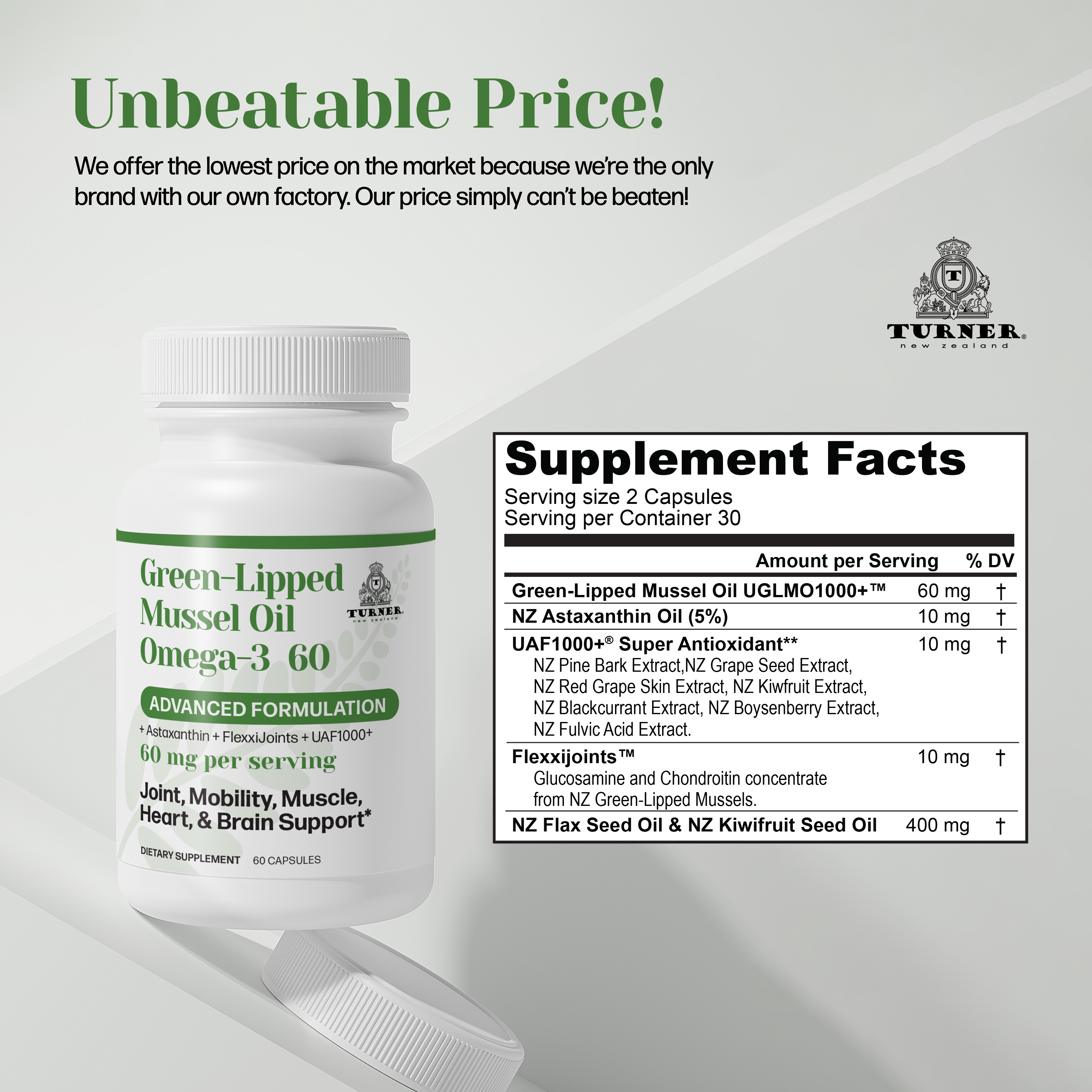 TURNER New Zealand Green Lipped Mussel Oil Omega-3, 53x Higher Potency with UAF1000+ Super Antioxidant for Superior Joint Comfort & Mobility, No Fishy Aftertaste, 4 Bottles, 240 Softgels