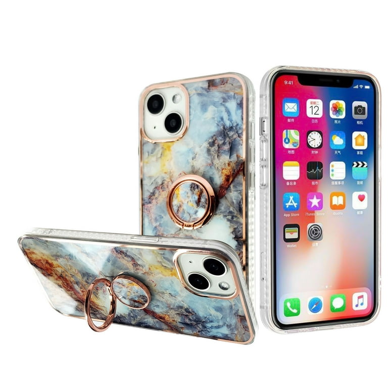 For Apple iPhone 11 (6.1) Pattern Fashion Design Chromed Edge IMD with  Ring Kickstand Hybrid TPU Hard Back Case Cover fit iPhone 11 - Blue Marble  