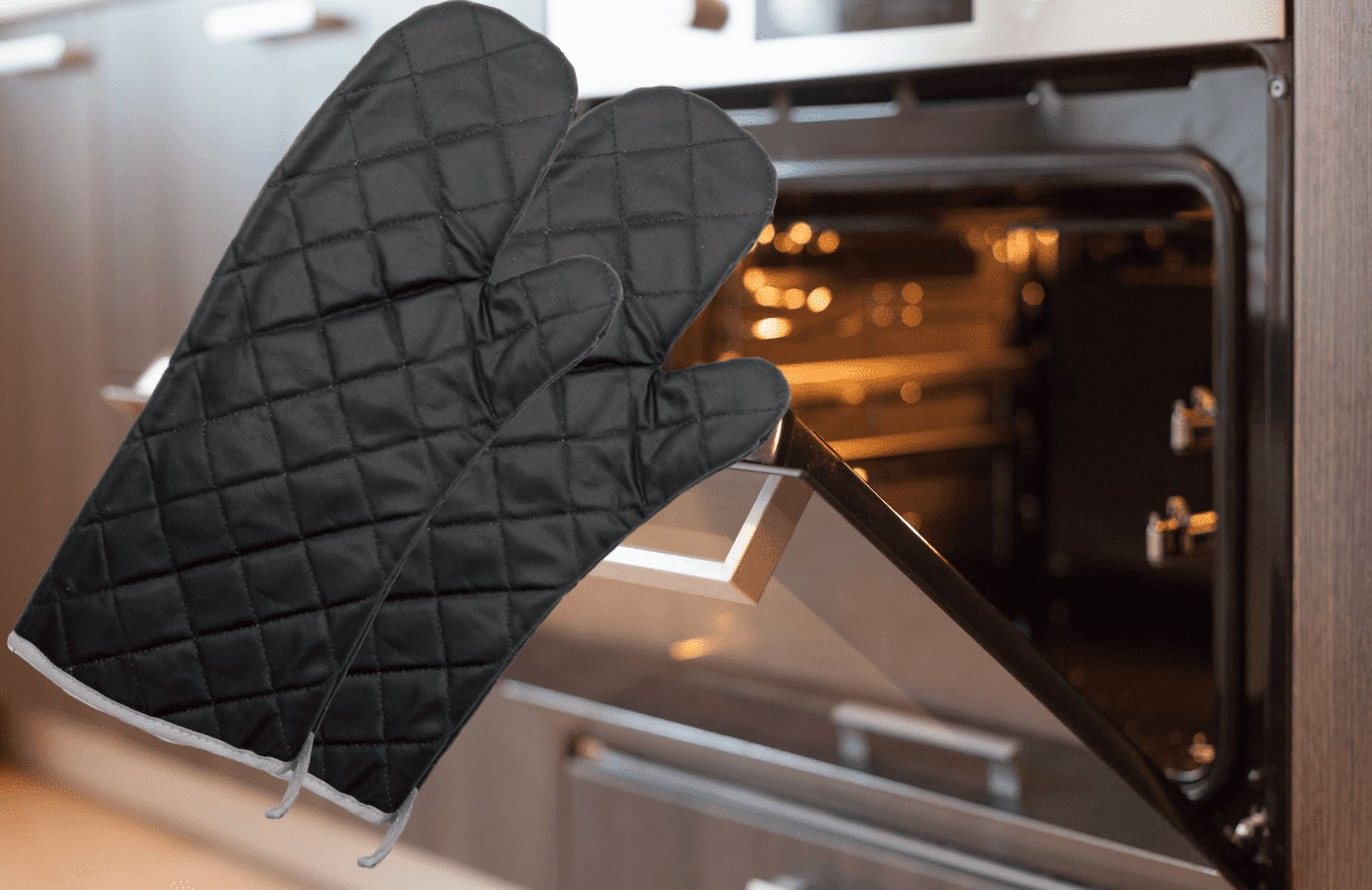 Black Quilted Canvas Oven Mitts, 24" Length, 450 Degree Heat Resistance, Ambidextrous, Sold by Pair
