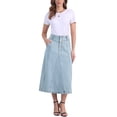 thumbnail image 2 of Falda midi de mezclilla desgastada de cintura alta para mujer INSPIRE CHIC con bolsillos XL azul claro, 2 of 6