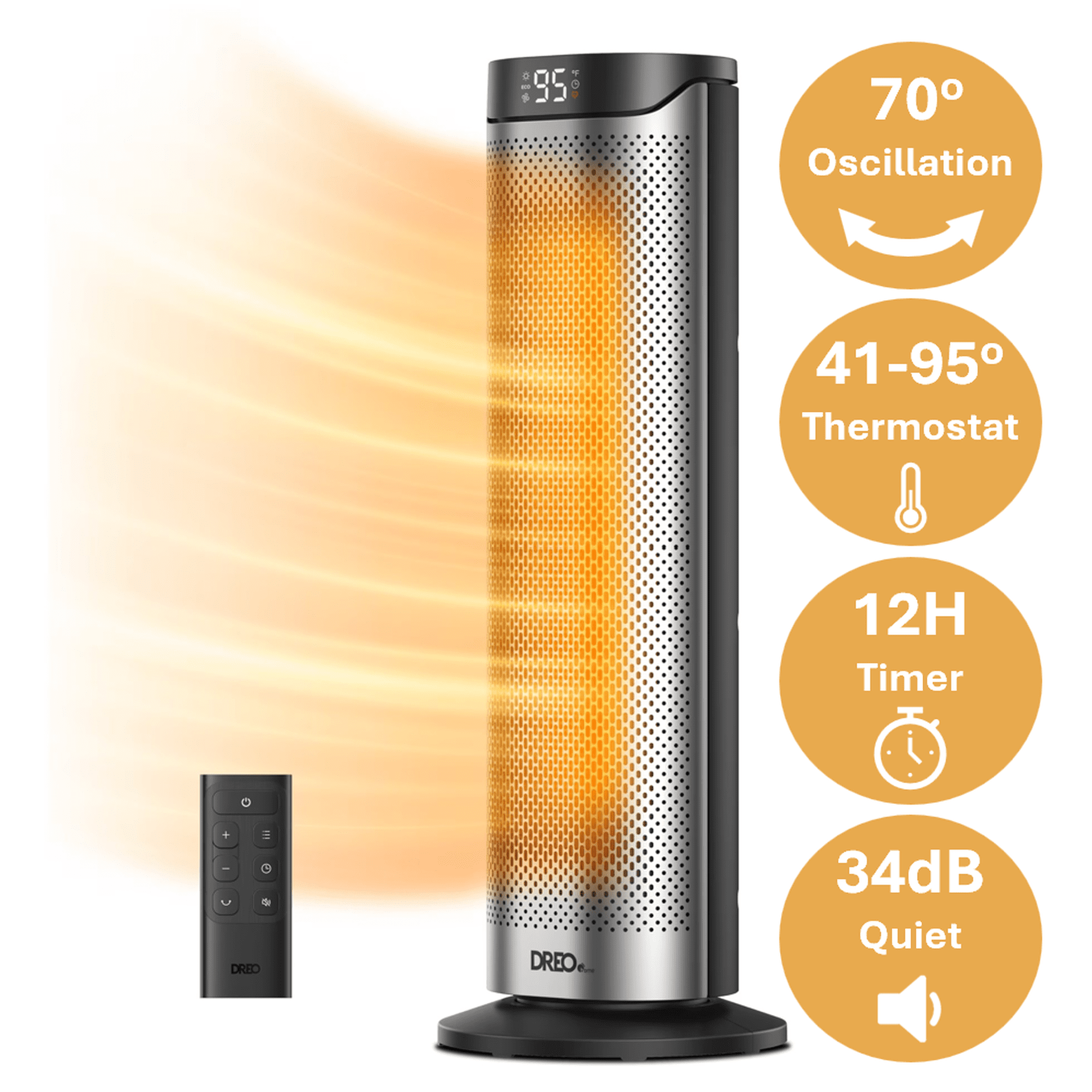 DREO Heater 23 inch Space Heater with Precise Temperature Control 41 to 95°F Whole Room Comfort Whisper Quiet Warmth 12 Hour Timer 3 Heat Levels ECO Mode Remote Control 8 Safety Features