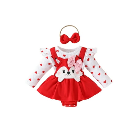 

Baby Girls Rompers Dress Heart Print Bodysuits with Headband