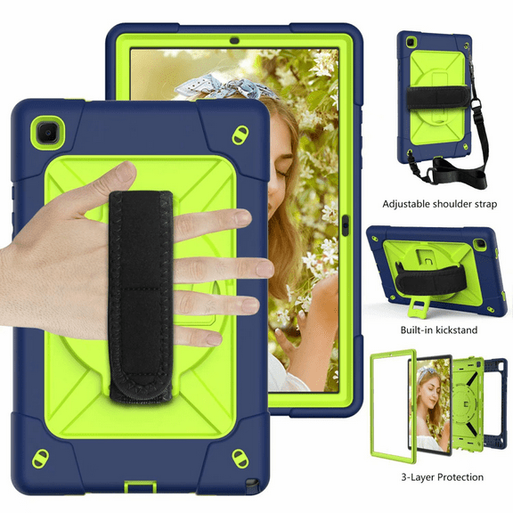 For Galaxy Tab A7 10.4" 2020/SM-T500/T505/T507 with Built-in Screen Protector and 360 Degree Swivel Stand and Hand and Shoulder Strap Case for Samsung Tab A7 10.4" - Navy Yellow Green