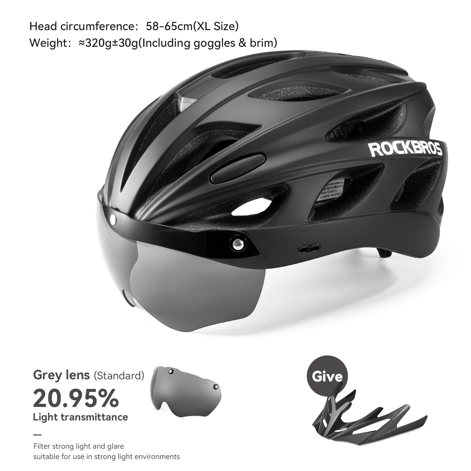 ROCKBROS Cycling Helmet Magnetic Sun Visor Open Face Adjustable Adult Head Protective MTB 58-61 cm/58-65 cm