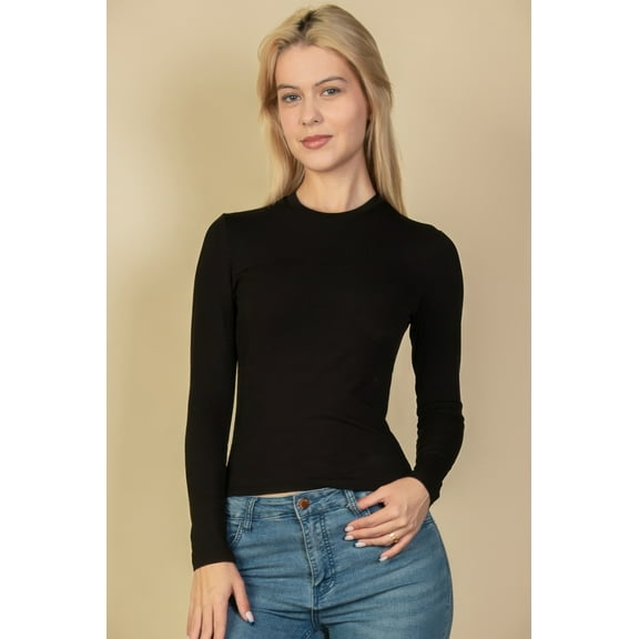 Ribbed Round Neck Long Sleeve Top