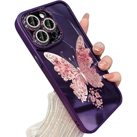 Purple Butterfly TPU Case with Diamond Camera Lens Compatible with iPhone Case (iPhone 14)