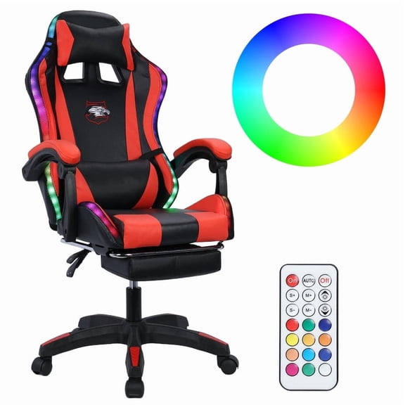 Xinwanna Gaming Chair with Bluetooth Speakers and LED Lights, High Back Video Game Massage Chair 360° Swivel Height Adjustable Recliner with Footrest & Headrest Lumbar Support Pillows (Black & Red)