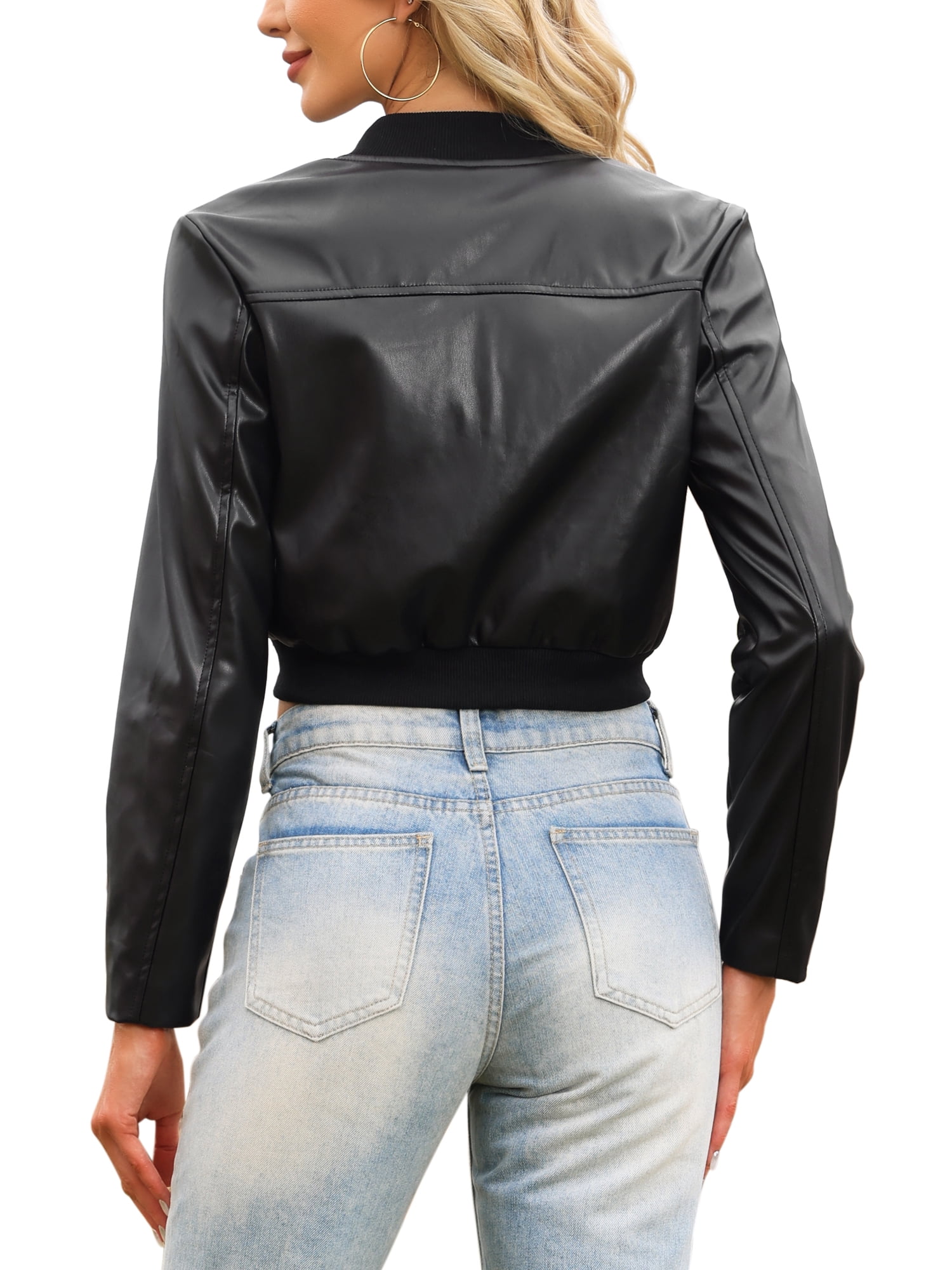 INSPIRE CHIC Women's Bomber Jacket Cropped Faux Leather Jackets Casual Zip Up PU Moto Bike Outwear S Black