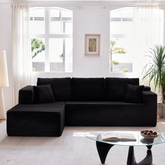 Zoopower 106" Cloud Sectional Couch, L-Shape Convertible Modular Sectional Sofa, Corduroy Boneless Couch for Living Room, Black