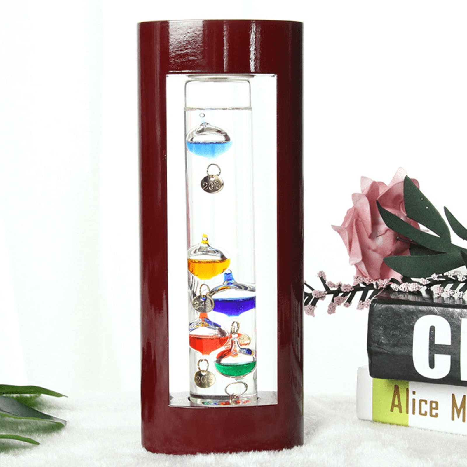 Galileo-Thermometer Mit Holzrahmen – 5 Farbige Kugeln (64–80°F), Dekorativ Für Zuhause & Büro