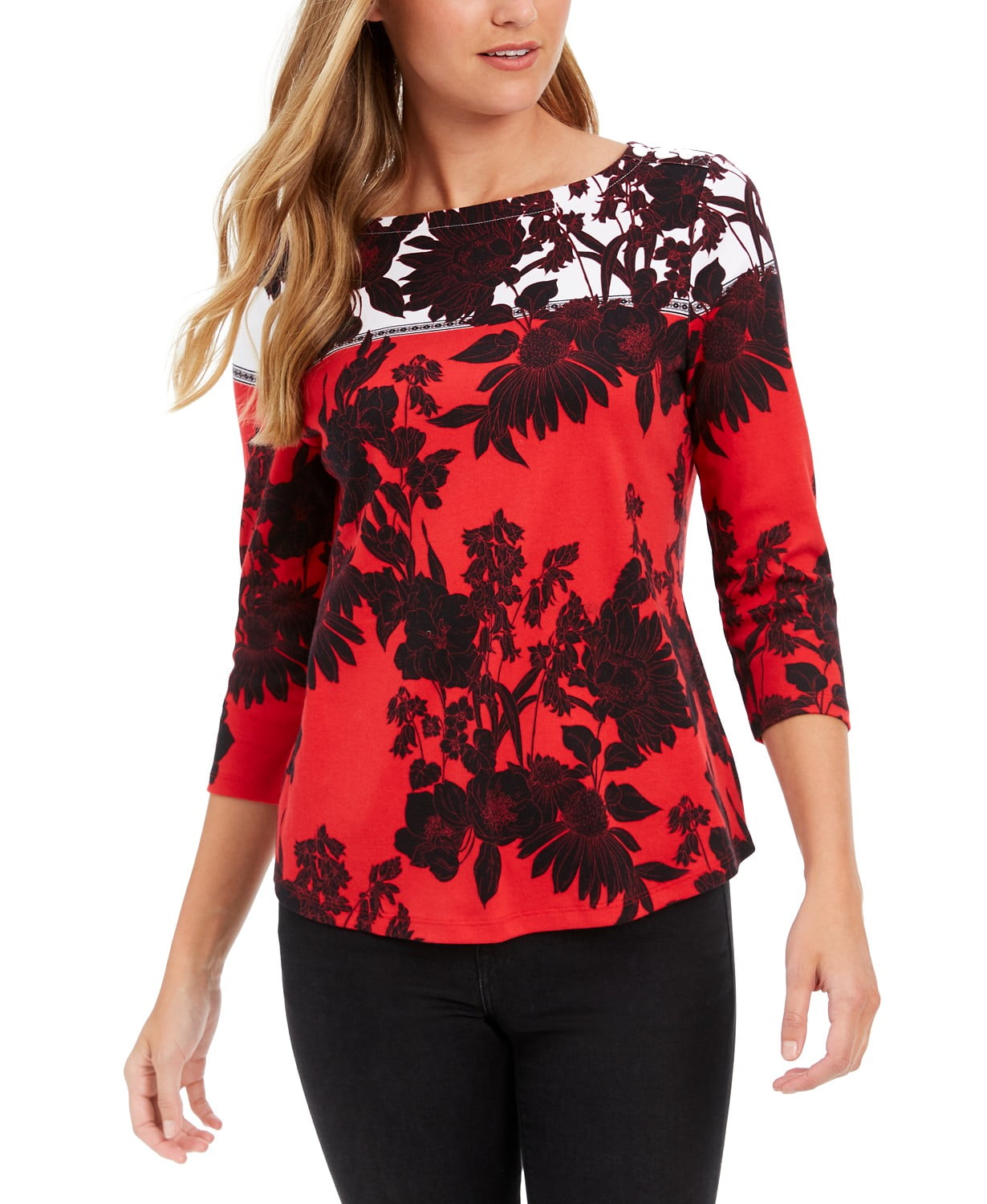Charter Club Women/'s Pima Cotton Printed Colorblocked Top Red Size Small