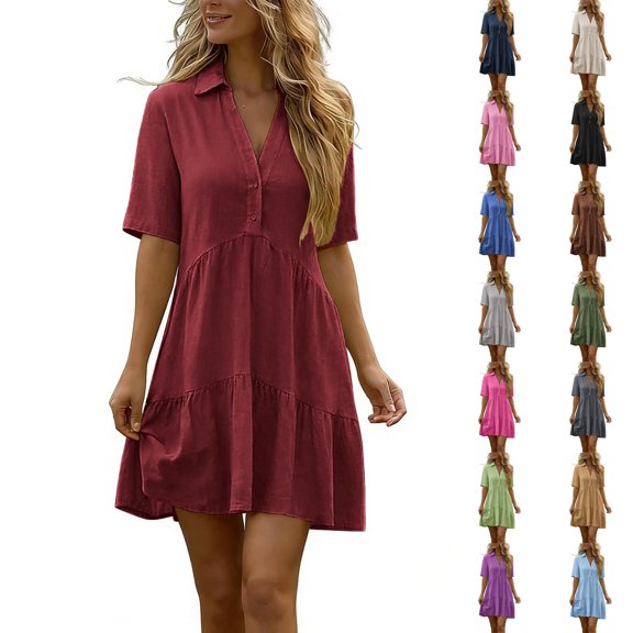 SROBPTY Summer Dresses for Women Solid Collared Short Sleeve Button
