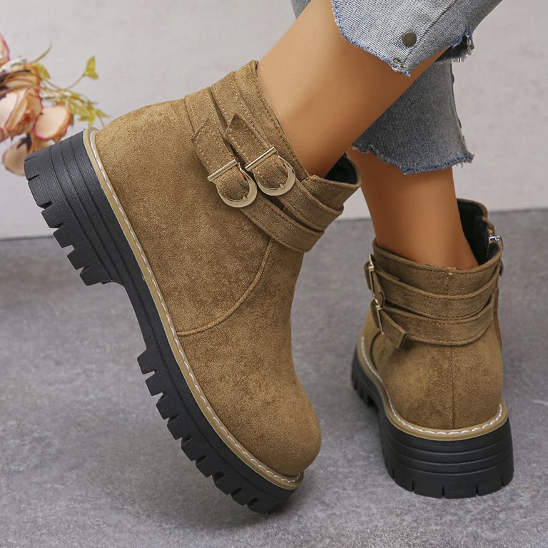 Chenyee Brown Suede Ankle Boots for Women Comfortable Slip On Short Combat Booties Non Slip Platform Dress Boots, Women's, Size: 7