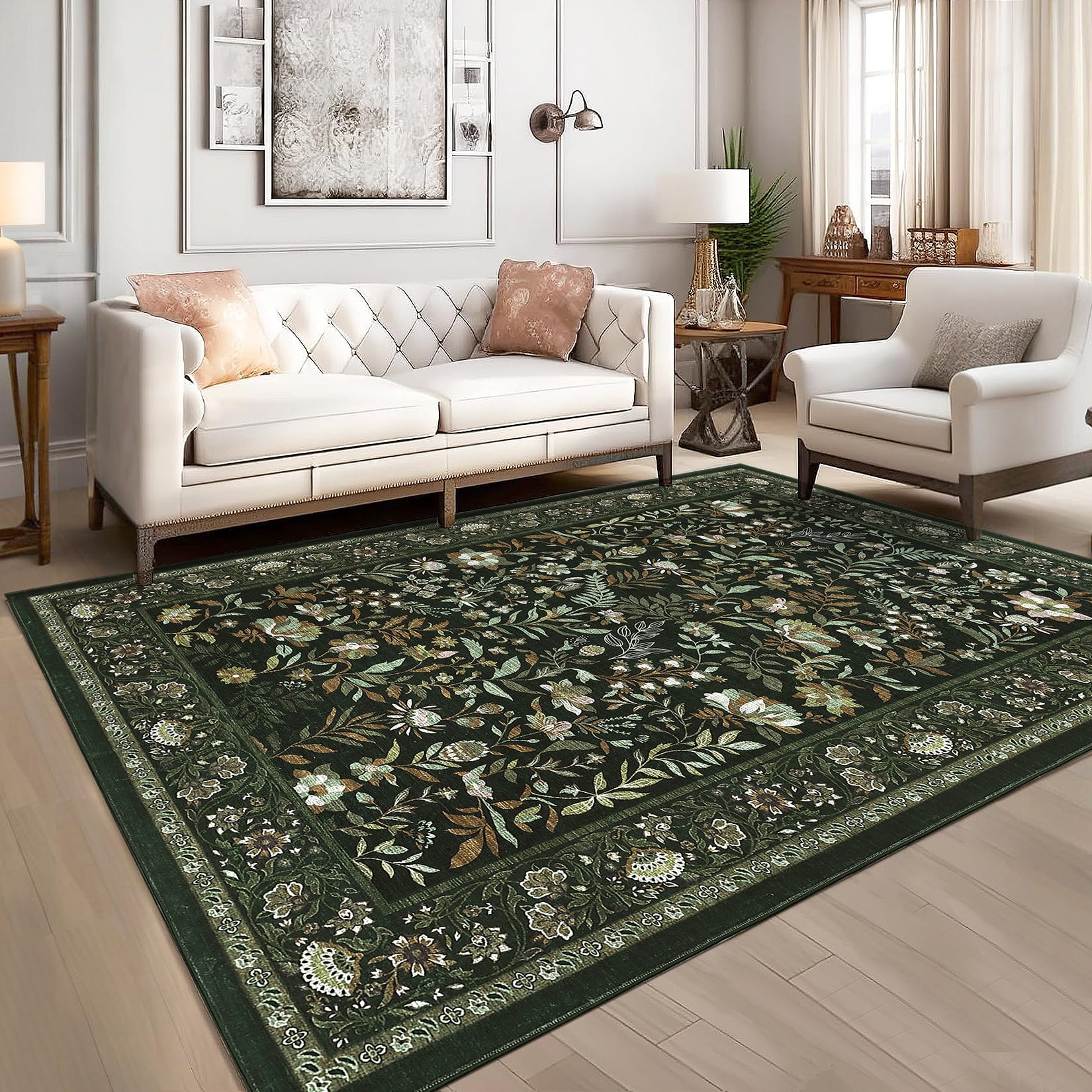Garvee 8'x10' Vintage Floral Area Rugs Washable Botanical Printed Rugs Carpet, Low Pile Non Slip Oriental Rug Stain Resistant Indoor Rugs for Living Room Bedroom Dining Room, Dark Green