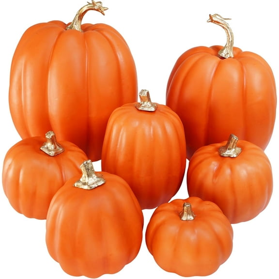 Foraging dimple 7 Pcs Assorted Harvest Orange Artificial Pumpkins Decorative Pumpkins Foam Pumpkins with Gold Stems for Fall Harvest Autumn Home Wedding Thanksgiving Halloween Party