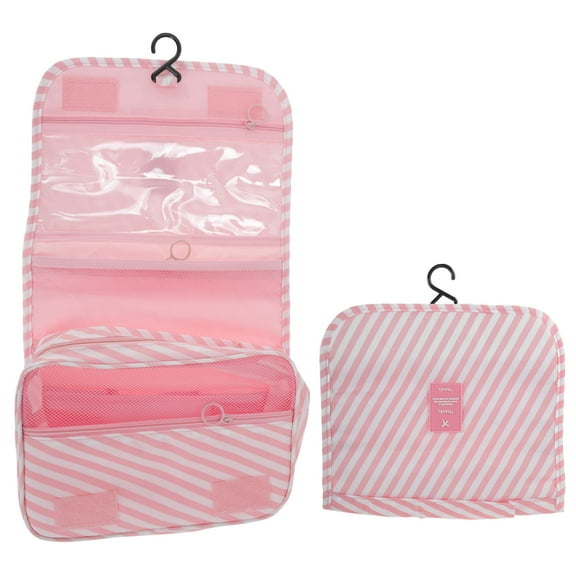 Unique Bargains 1 Pc Foldable Hanging Stripes Makeup Bag Pink Oxford Cloth
