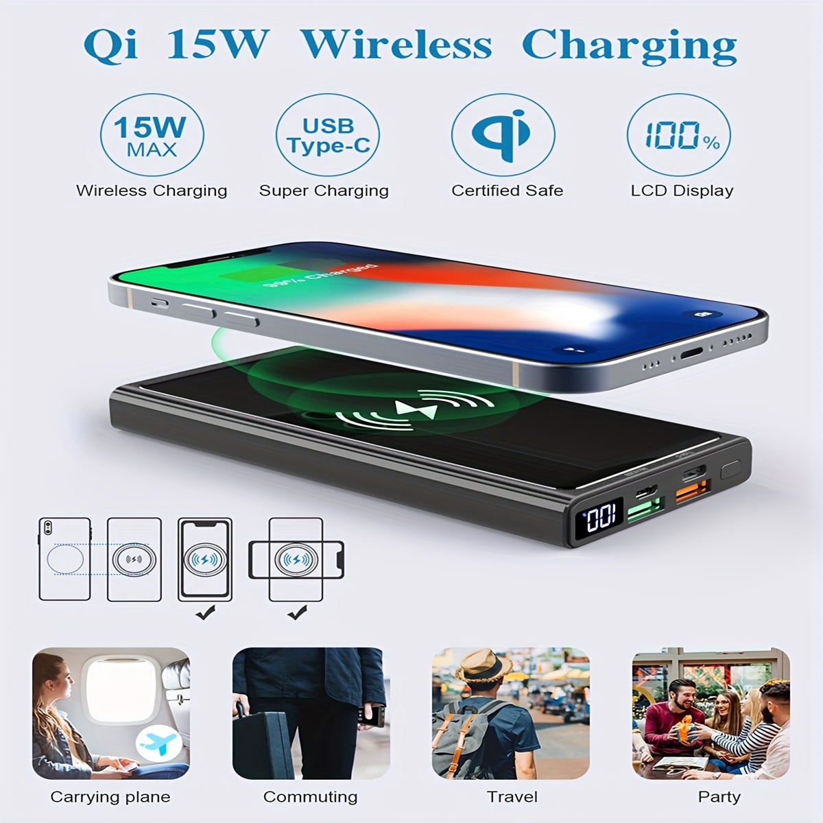 Wireless Power Bank, 10000mAh Portable Charger PD20W QC3.0 15W Wireless Charging LED Display, External Battery Pack, 2 Inputs And 4 Outputs (Qi & USB C) For IPhone Samsung Huawei IPad Headset Etc.